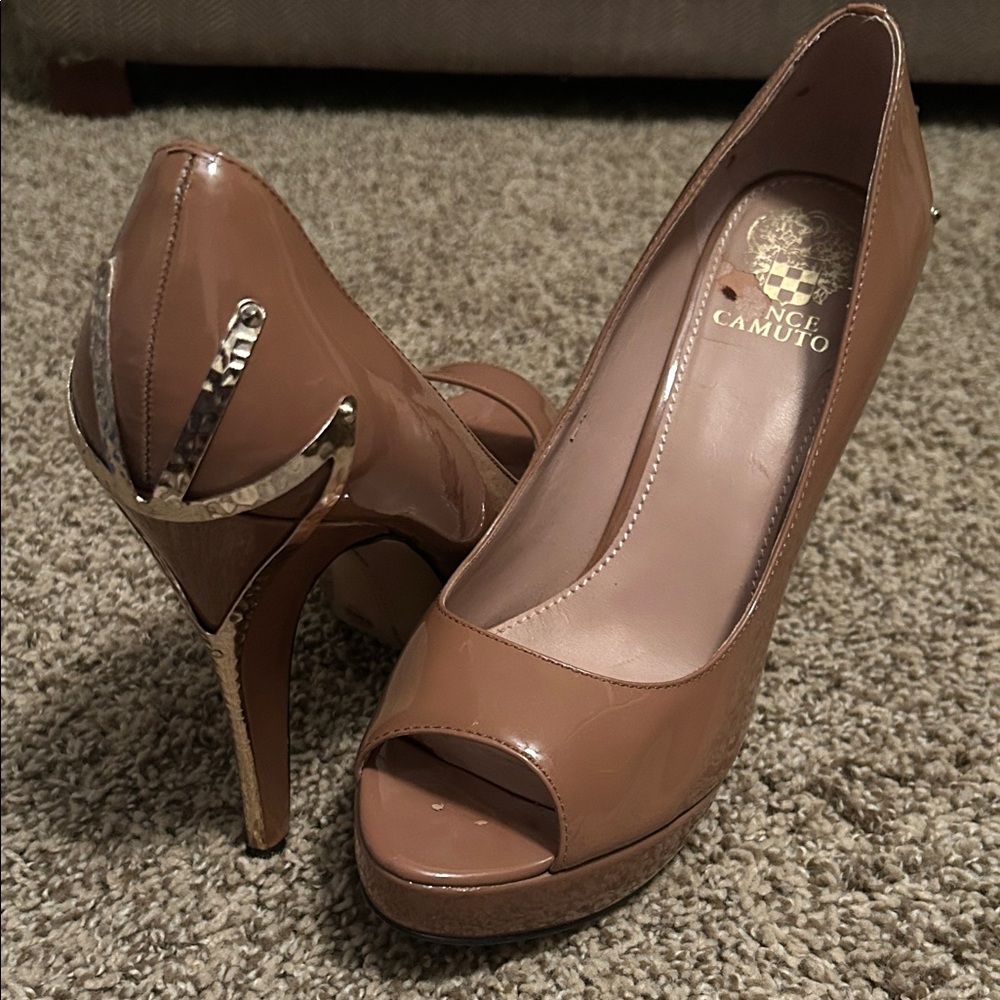 Vince Camuto Brown Peep Toe Heels with Gold Accent